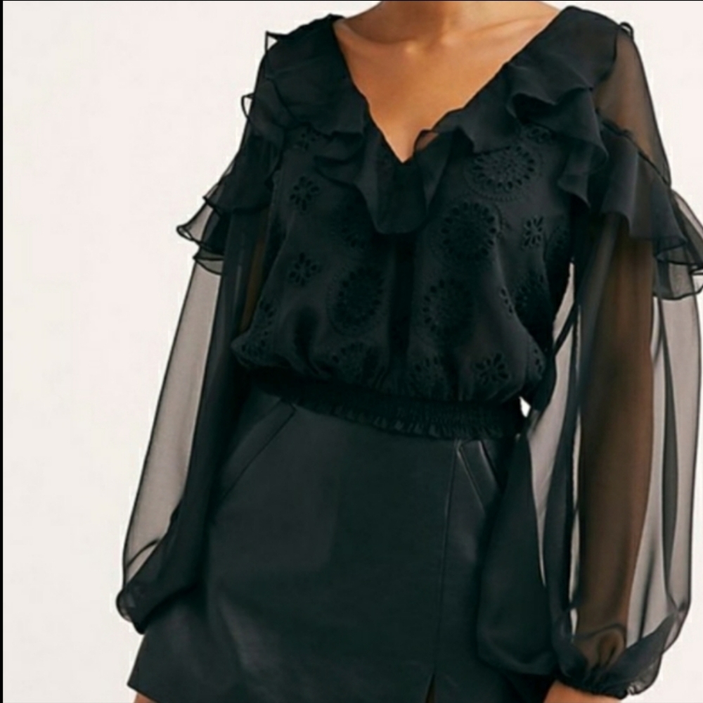 Free People Life's A Party Blouse Black Sheer Sleeves Eyelet Black Size S/P